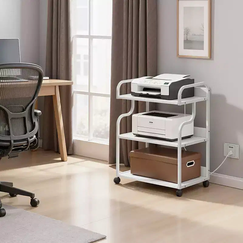 Meuble de rangement 3 niveaux VECELO, grand support d'imprimante avec station de recharge, chariot de rangement roulant avec roues pour bureau ou salon, blanc