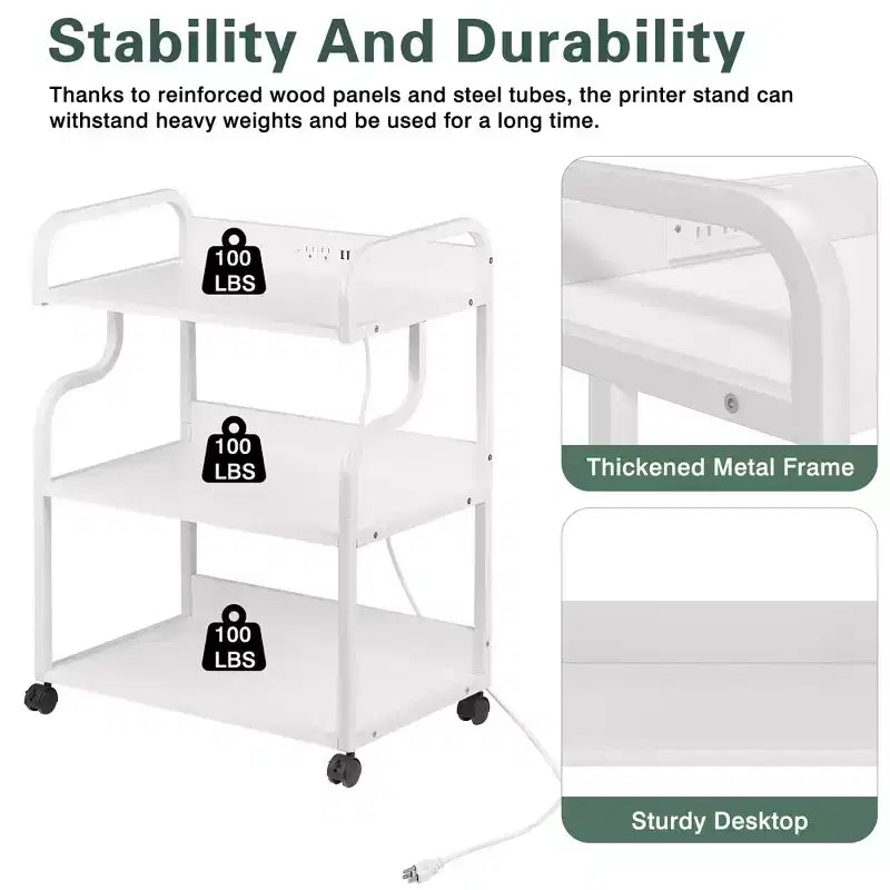 Meuble de rangement 3 niveaux VECELO, grand support d'imprimante avec station de recharge, chariot de rangement roulant avec roues pour bureau ou salon, blanc