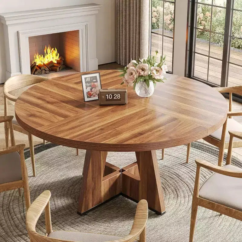 Table à manger ronde, convient pour 4 à 6 personnes, plateau de 119 cm avec une base en bois, idéale pour la salle à manger, la cuisine et le salon