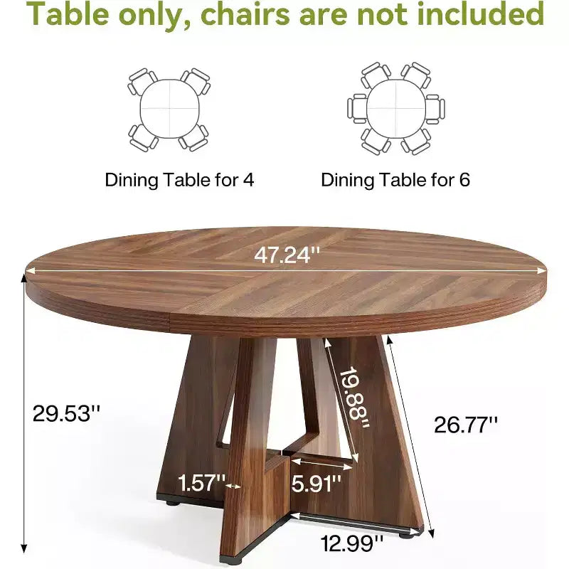 Table à manger ronde, convient pour 4 à 6 personnes, plateau de 119 cm avec une base en bois, idéale pour la salle à manger, la cuisine et le salon
