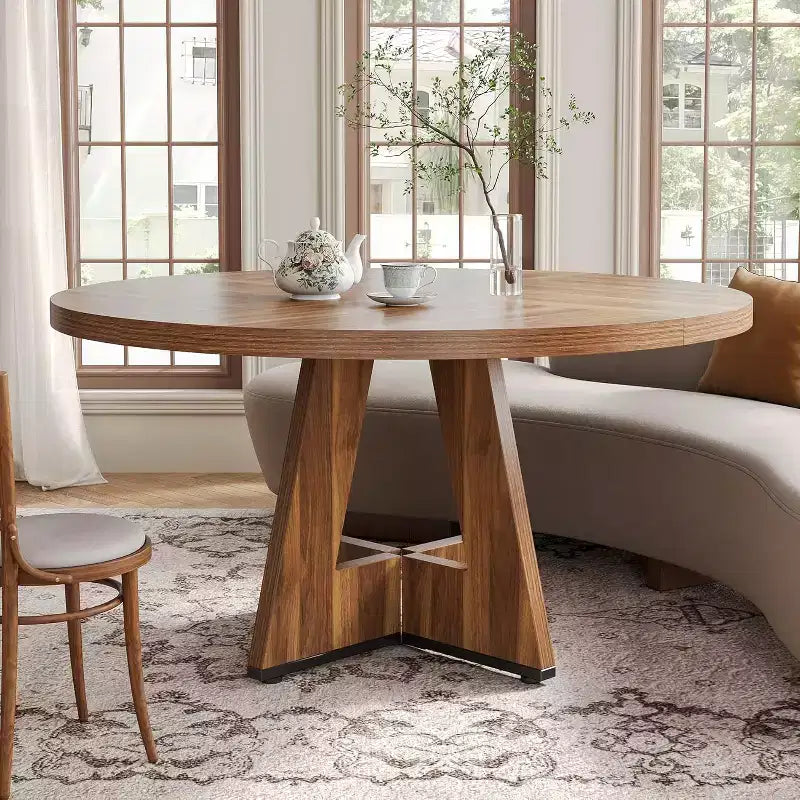 Table à manger ronde, convient pour 4 à 6 personnes, plateau de 119 cm avec une base en bois, idéale pour la salle à manger, la cuisine et le salon