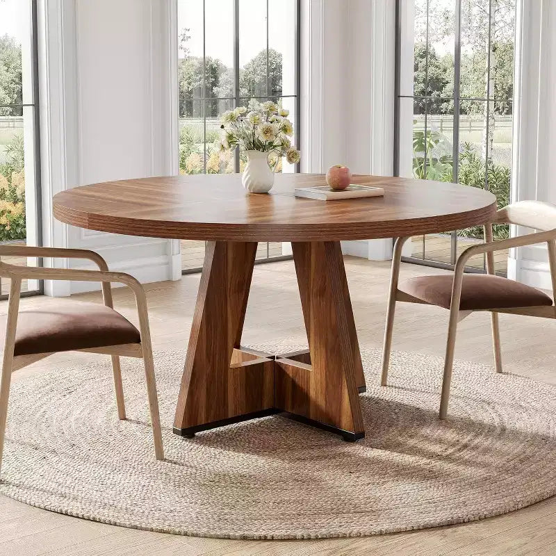 Table à manger ronde, convient pour 4 à 6 personnes, plateau de 119 cm avec une base en bois, idéale pour la salle à manger, la cuisine et le salon