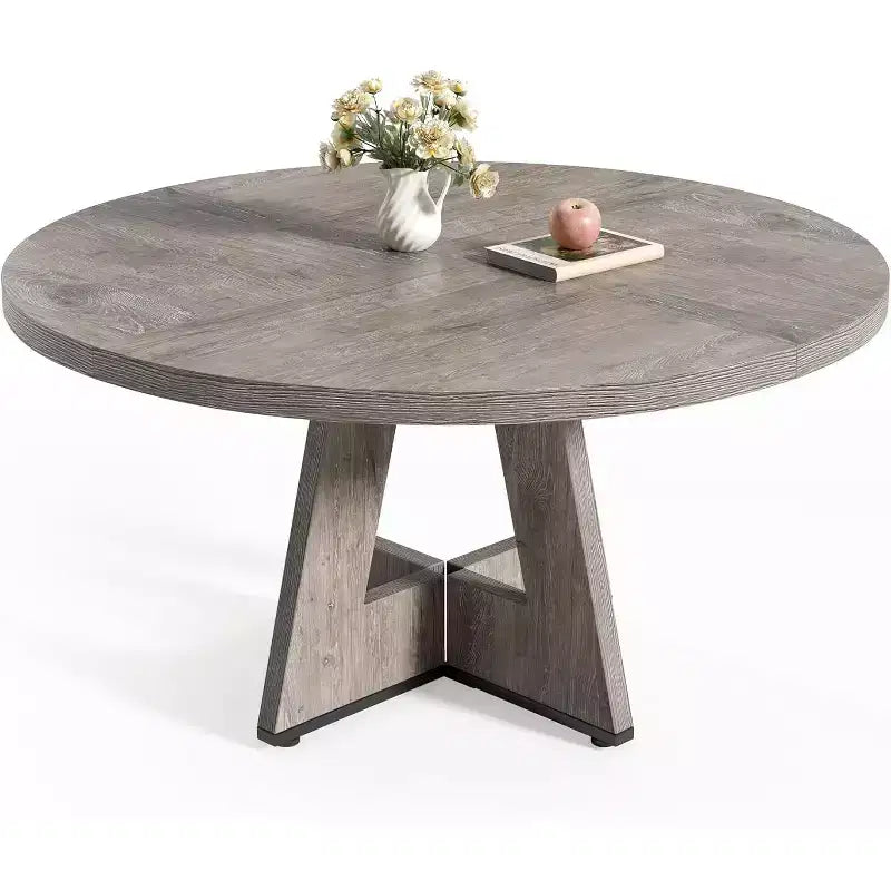 Table à manger ronde, convient pour 4 à 6 personnes, plateau de 119 cm avec une base en bois, idéale pour la salle à manger, la cuisine et le salon