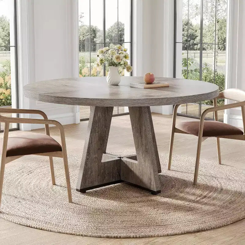 Table à manger ronde, convient pour 4 à 6 personnes, plateau de 119 cm avec une base en bois, idéale pour la salle à manger, la cuisine et le salon
