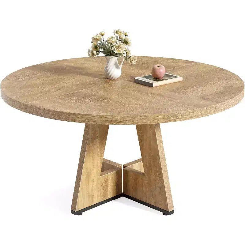 Table à manger ronde, convient pour 4 à 6 personnes, plateau de 119 cm avec une base en bois, idéale pour la salle à manger, la cuisine et le salon