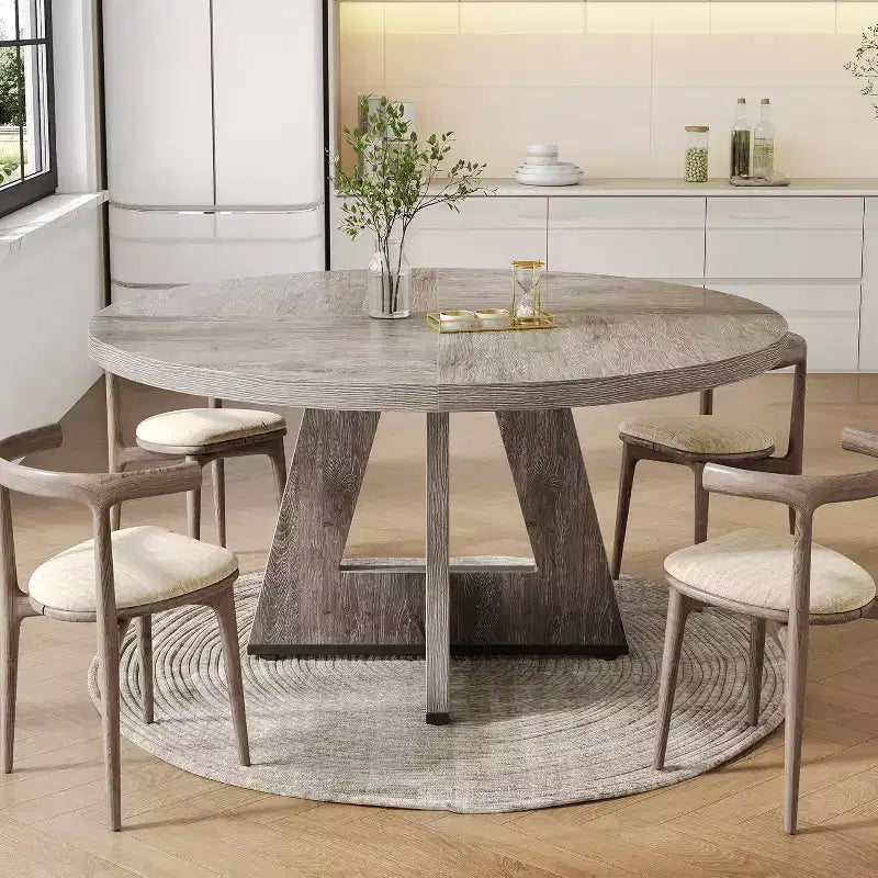 Table à manger ronde, convient pour 4 à 6 personnes, plateau de 119 cm avec une base en bois, idéale pour la salle à manger, la cuisine et le salon