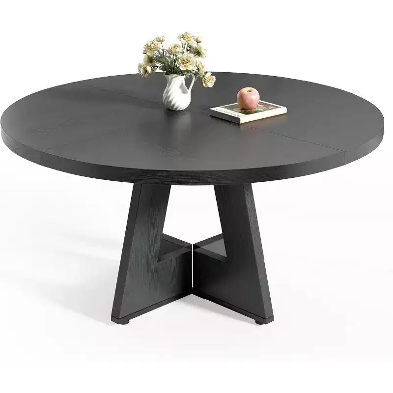 Table à manger ronde, convient pour 4 à 6 personnes, plateau de 119 cm avec une base en bois, idéale pour la salle à manger, la cuisine et le salon