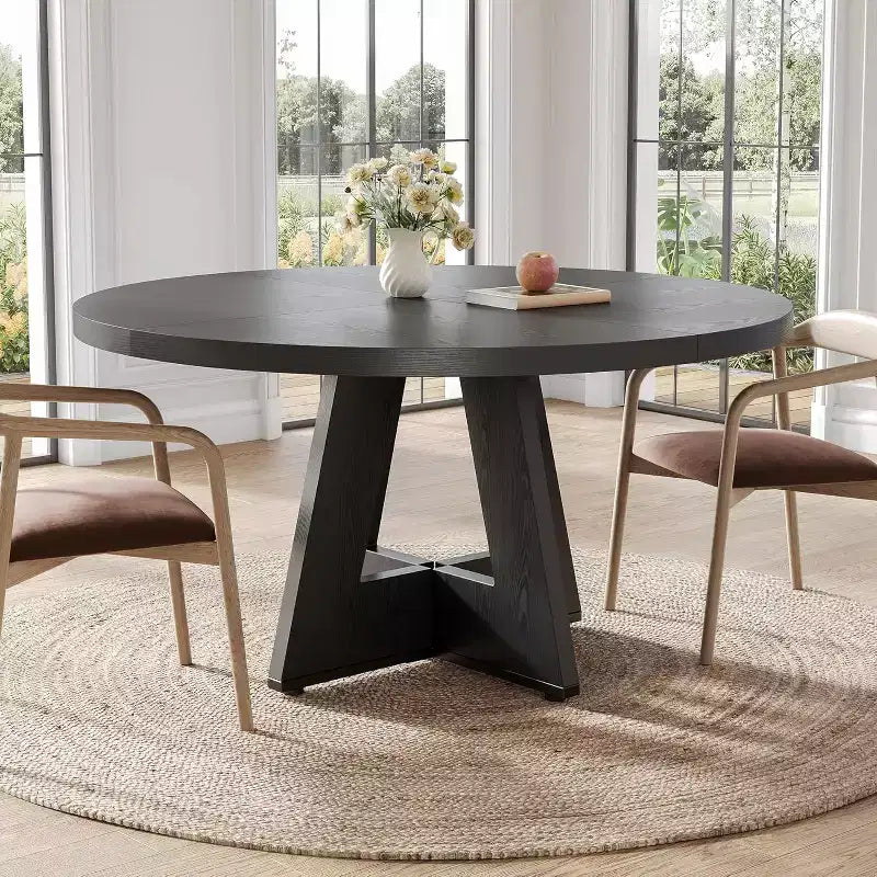 Table à manger ronde, convient pour 4 à 6 personnes, plateau de 119 cm avec une base en bois, idéale pour la salle à manger, la cuisine et le salon