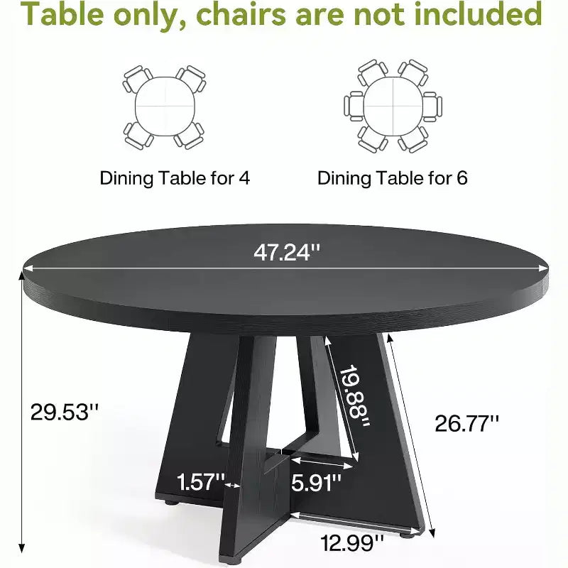 Table à manger ronde, convient pour 4 à 6 personnes, plateau de 119 cm avec une base en bois, idéale pour la salle à manger, la cuisine et le salon