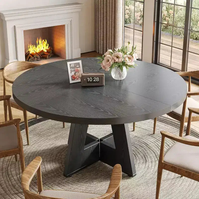 Table à manger ronde, convient pour 4 à 6 personnes, plateau de 119 cm avec une base en bois, idéale pour la salle à manger, la cuisine et le salon