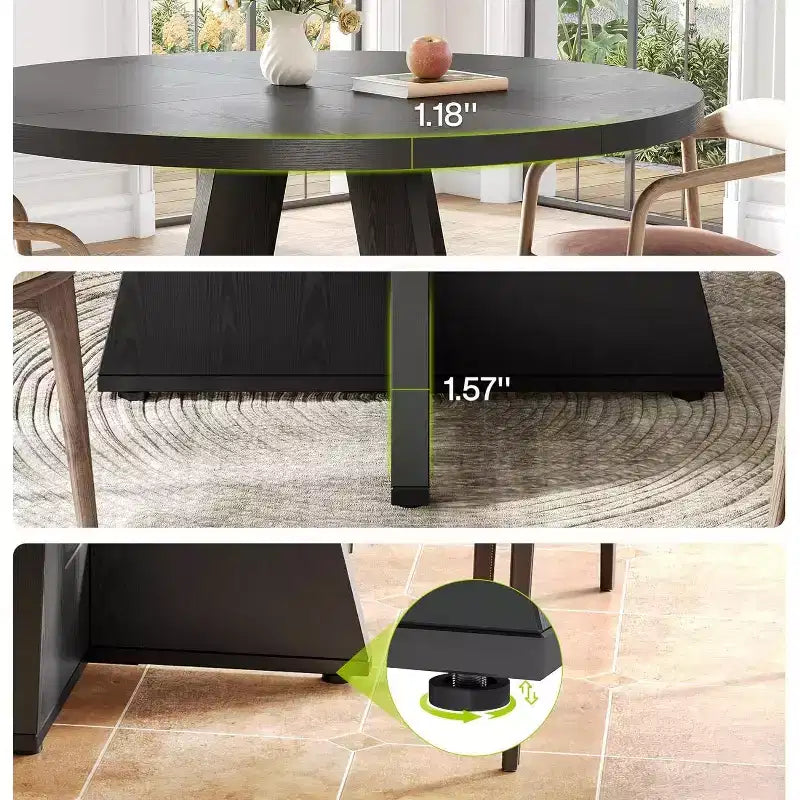 Table à manger ronde, convient pour 4 à 6 personnes, plateau de 119 cm avec une base en bois, idéale pour la salle à manger, la cuisine et le salon