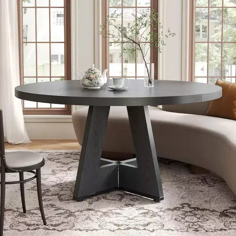 Table à manger ronde, convient pour 4 à 6 personnes, plateau de 119 cm avec une base en bois, idéale pour la salle à manger, la cuisine et le salon