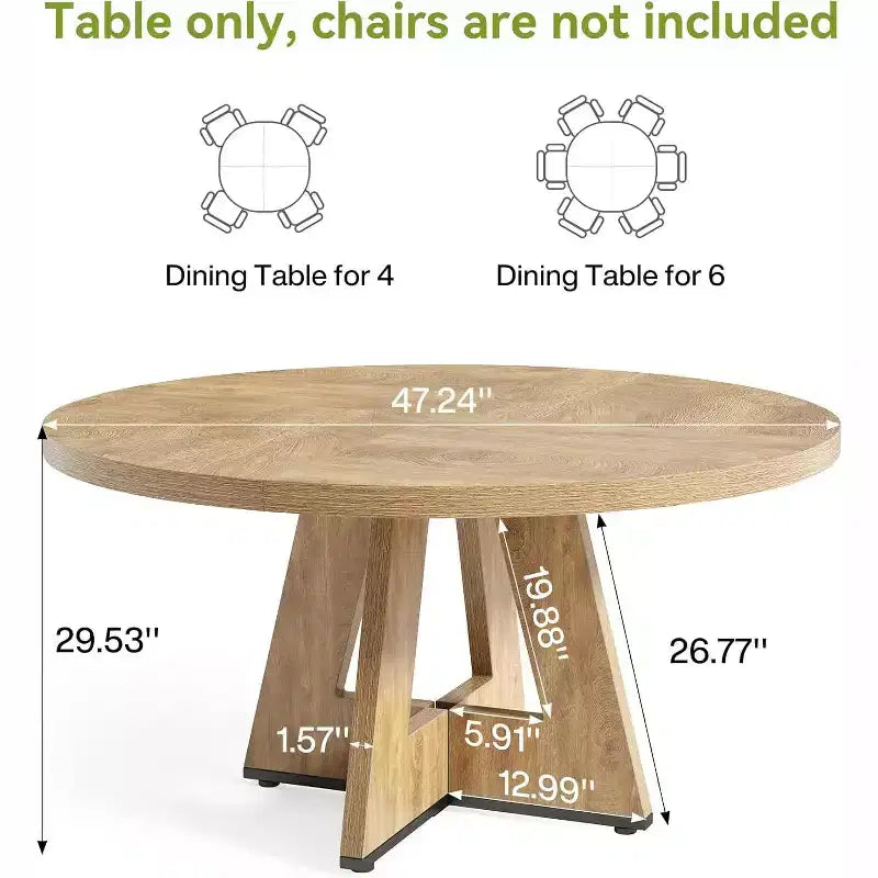 Table à manger ronde, convient pour 4 à 6 personnes, plateau de 119 cm avec une base en bois, idéale pour la salle à manger, la cuisine et le salon