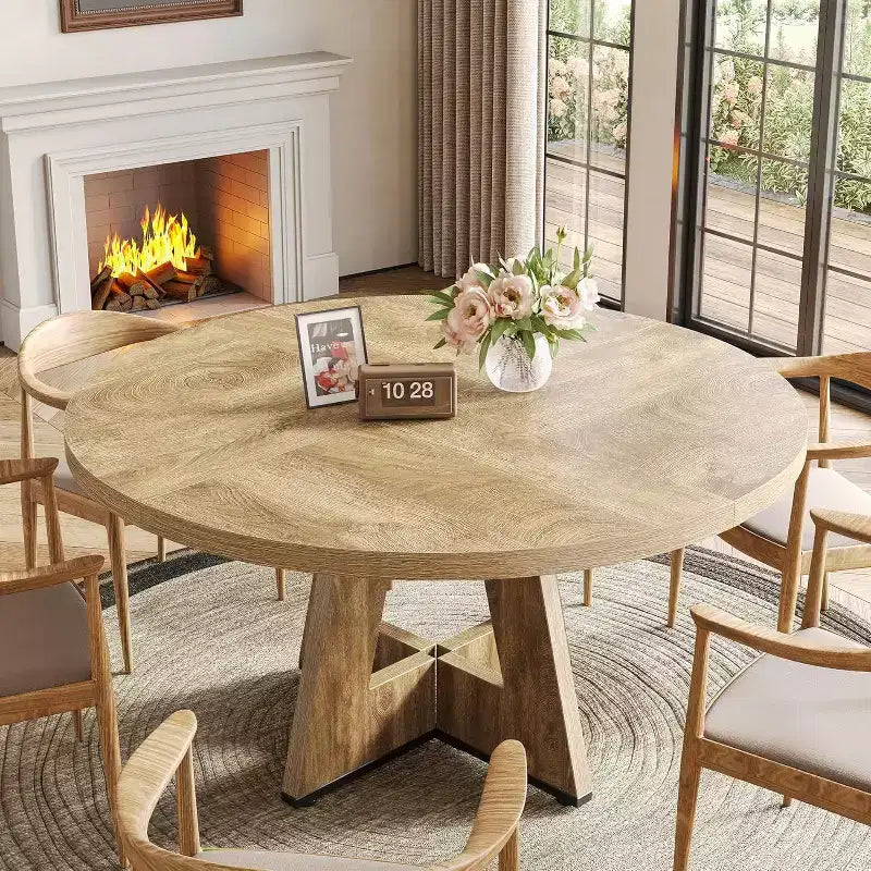 Table à manger ronde, convient pour 4 à 6 personnes, plateau de 119 cm avec une base en bois, idéale pour la salle à manger, la cuisine et le salon