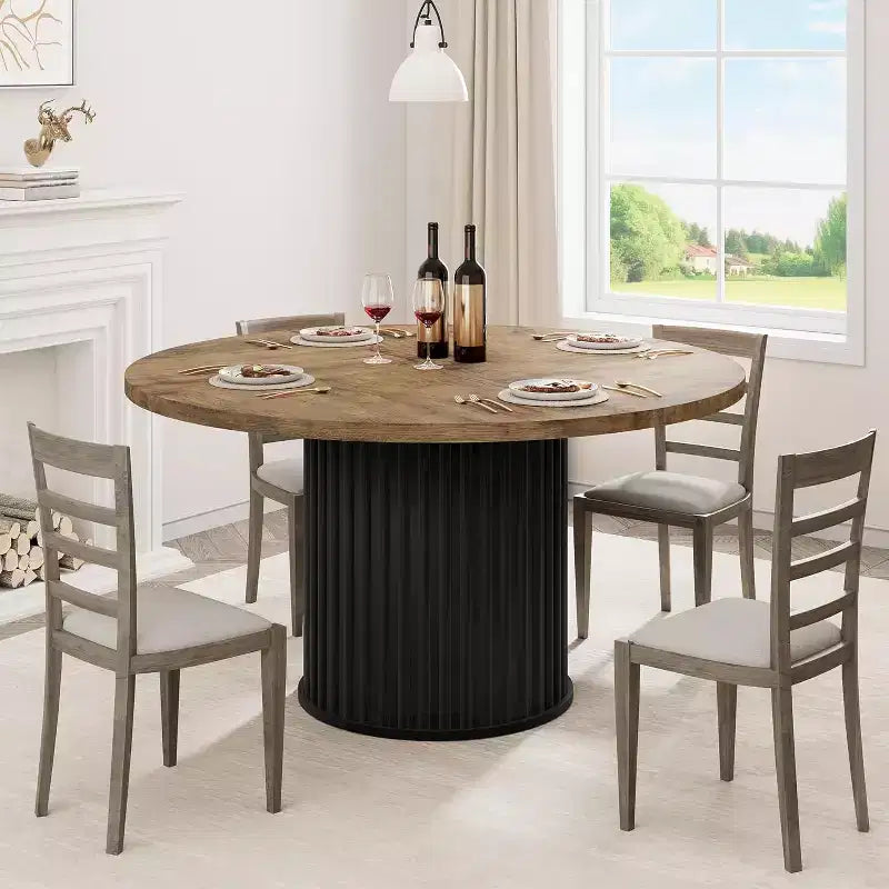 Acekool Table à manger ronde 47 pouces pour 4-6 personnes, Table de cuisine industrielle avec base piédestal en métal ondulé pour salle à manger