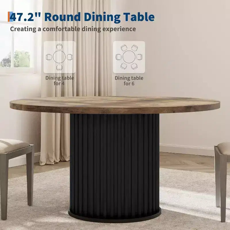 Acekool Table à manger ronde 47 pouces pour 4-6 personnes, Table de cuisine industrielle avec base piédestal en métal ondulé pour salle à manger
