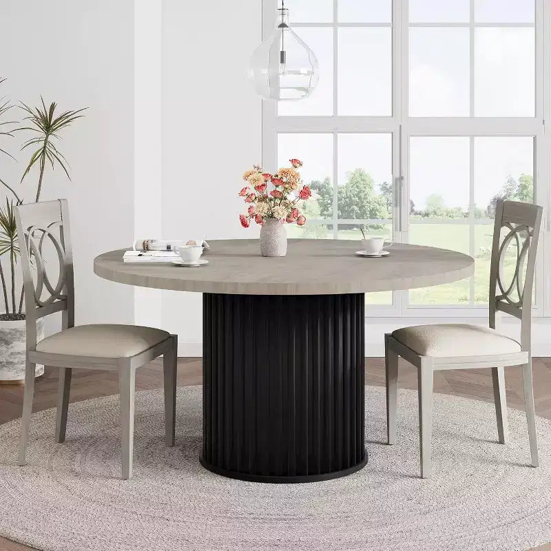 Acekool Table à manger ronde 47 pouces pour 4-6 personnes, Table de cuisine industrielle avec base piédestal en métal ondulé pour salle à manger