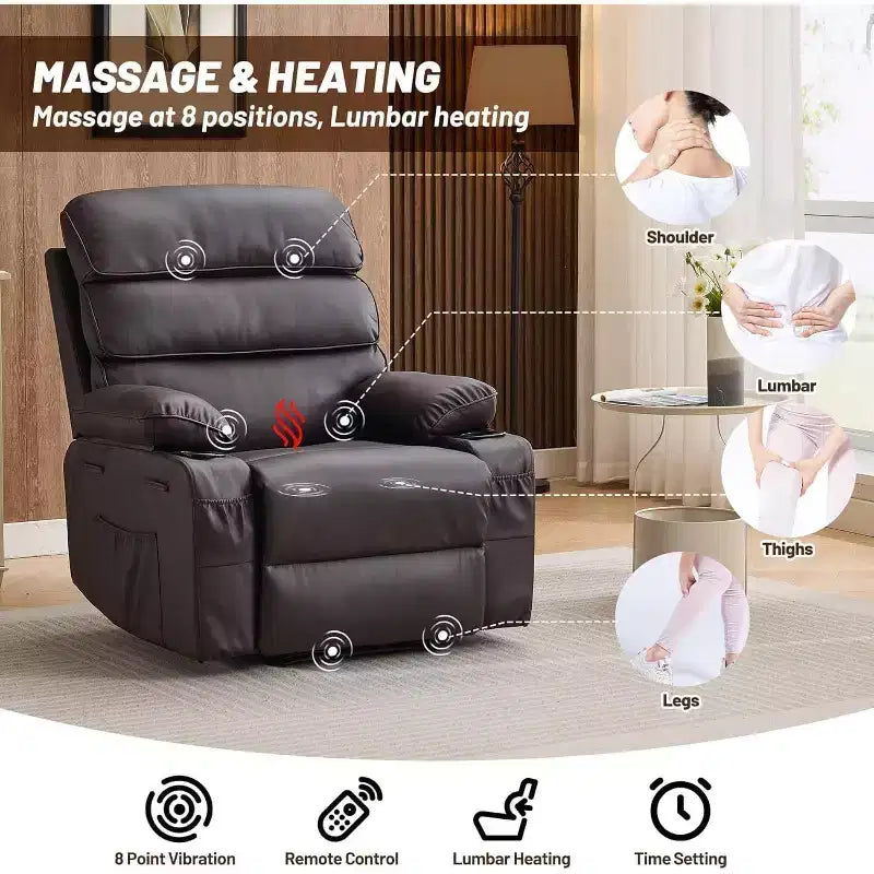 Fauteuil inclinable électrique Acekool Power en PU, large assise avec massage, chaleur et porte-gobelet pour chambre à coucher