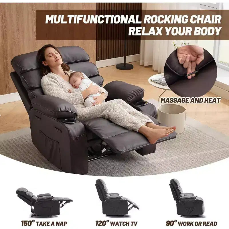 Fauteuil inclinable électrique Acekool Power en PU, large assise avec massage, chaleur et porte-gobelet pour chambre à coucher