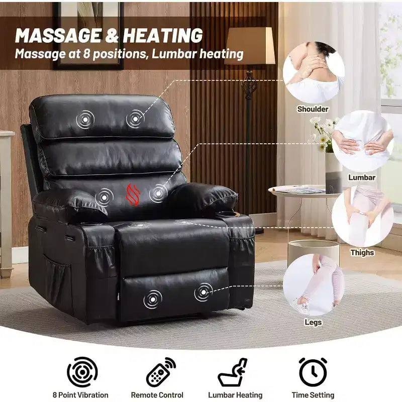 Fauteuil inclinable électrique Acekool Power en PU, large assise avec massage, chaleur et porte-gobelet pour chambre à coucher