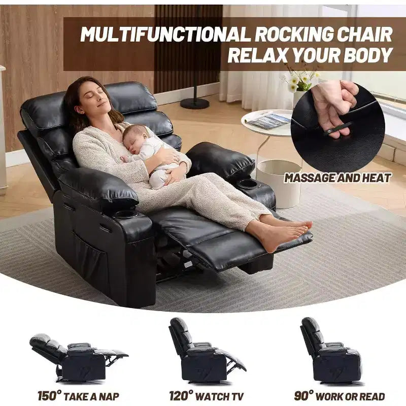 Fauteuil inclinable électrique Acekool Power en PU, large assise avec massage, chaleur et porte-gobelet pour chambre à coucher