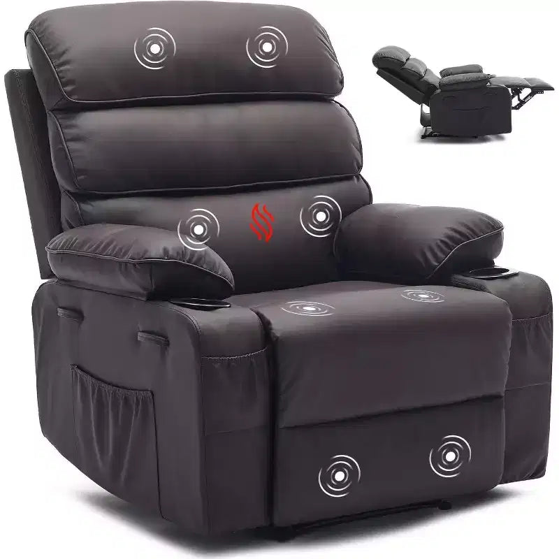 Fauteuil inclinable électrique Acekool Power en PU, large assise avec massage, chaleur et porte-gobelet pour chambre à coucher