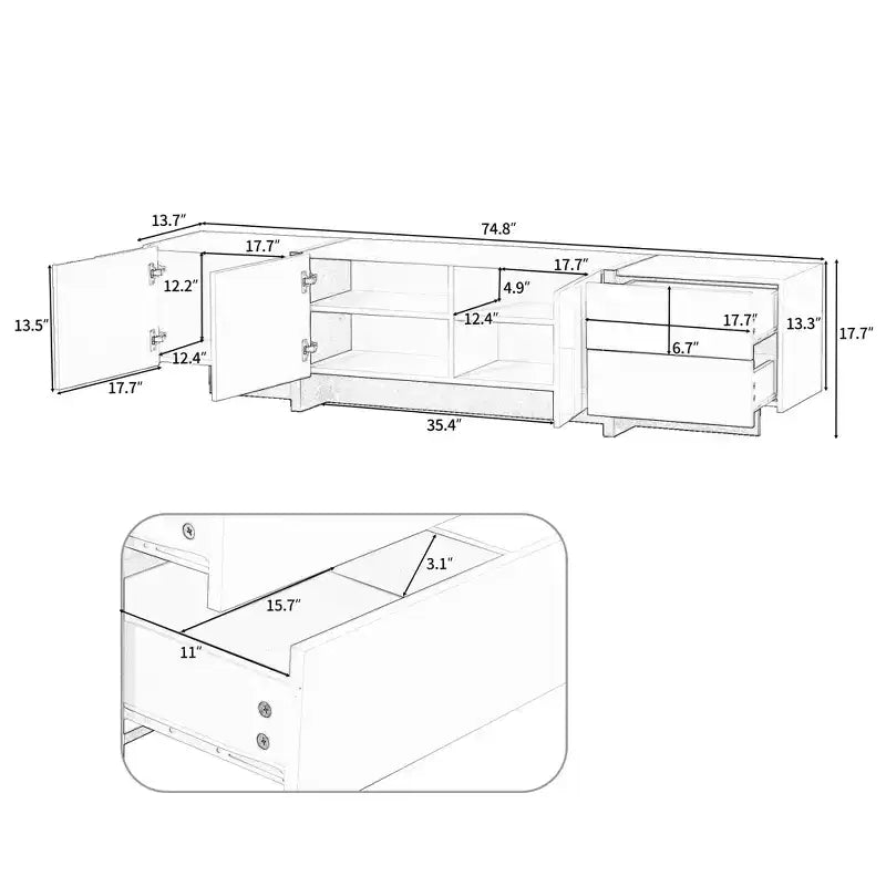 Meuble TV moderne TUYOHW avec surface UV haute brillance pour téléviseurs jusqu'à 80 pouces, meuble de divertissement avec 3 armoires et 2 tiroirs, noir