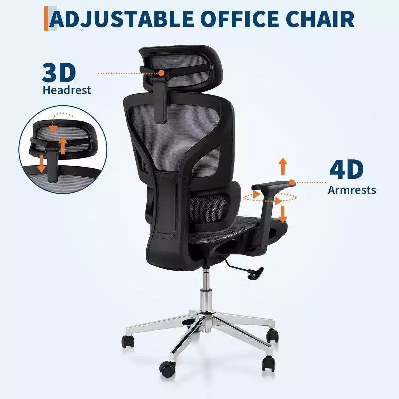 Chaise de bureau ergonomique Acekool en maille à dossier haut, accoudoirs 4D, soutien lombaire et profondeur d'assise réglables, bureau à domicile
