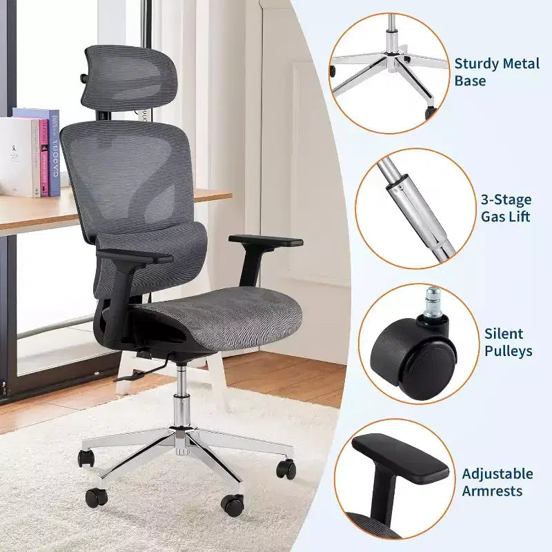 Chaise de bureau ergonomique Acekool en maille à dossier haut, accoudoirs 4D, soutien lombaire et profondeur d'assise réglables, bureau à domicile