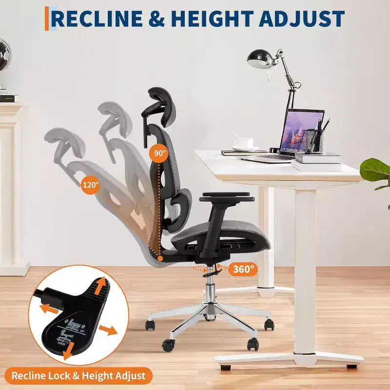 Chaise de bureau ergonomique Acekool en maille à dossier haut, accoudoirs 4D, soutien lombaire et profondeur d'assise réglables, bureau à domicile
