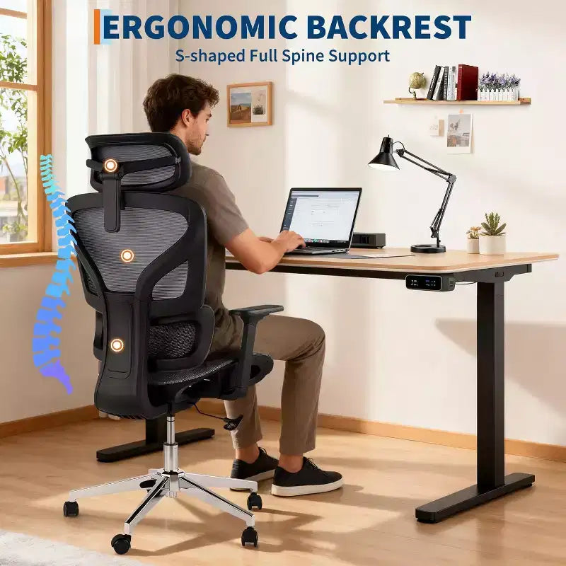 Chaise de bureau ergonomique Acekool en maille à dossier haut, accoudoirs 4D, soutien lombaire et profondeur d'assise réglables, bureau à domicile