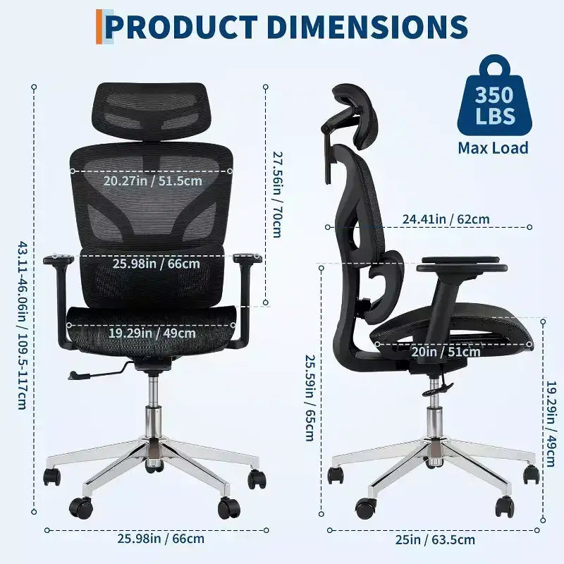 Chaise de bureau ergonomique Acekool en maille à dossier haut, accoudoirs 4D, soutien lombaire et profondeur d'assise réglables, bureau à domicile