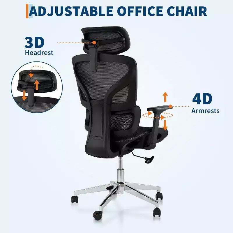Chaise de bureau ergonomique Acekool en maille à dossier haut, accoudoirs 4D, soutien lombaire et profondeur d'assise réglables, bureau à domicile