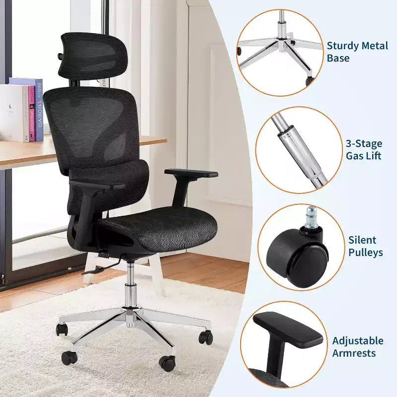 Chaise de bureau ergonomique Acekool en maille à dossier haut, accoudoirs 4D, soutien lombaire et profondeur d'assise réglables, bureau à domicile