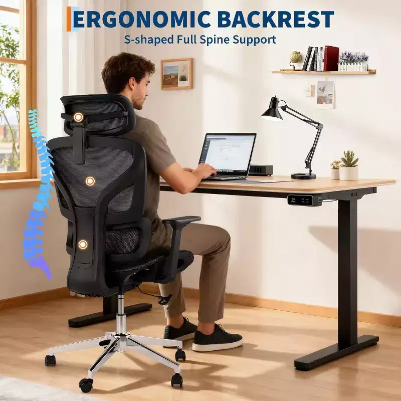 Chaise de bureau ergonomique Acekool en maille à dossier haut, accoudoirs 4D, soutien lombaire et profondeur d'assise réglables, bureau à domicile