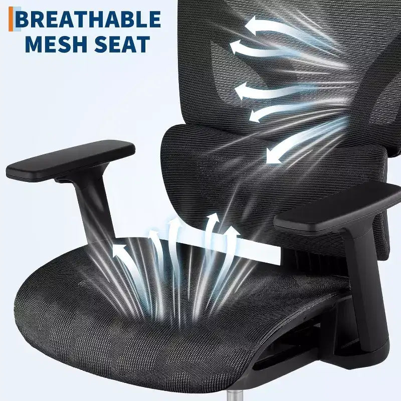 Chaise de bureau ergonomique Acekool en maille à dossier haut, accoudoirs 4D, soutien lombaire et profondeur d'assise réglables, bureau à domicile