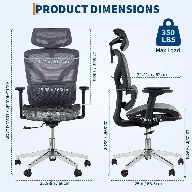 Chaise de bureau ergonomique Acekool en maille à dossier haut, accoudoirs 4D, soutien lombaire et profondeur d'assise réglables, bureau à domicile