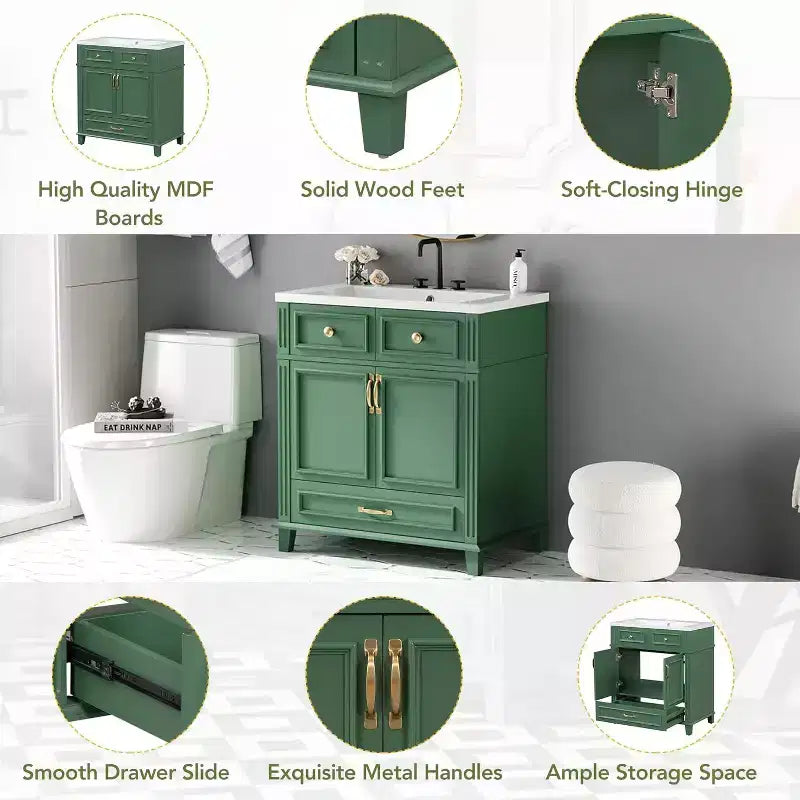 Meuble-lavabo de salle de bain blanc de 30 pouces avec lavabo, armoire de lavabo de 30 pouces avec rangement et tiroir inférieur, cadre en bois massif, comptoir encastré