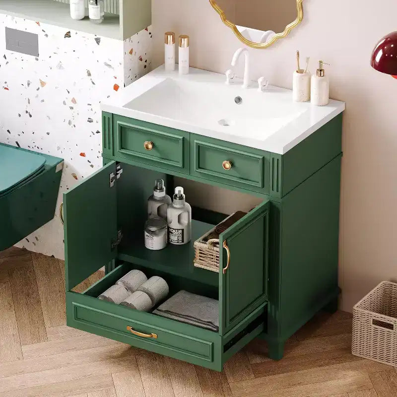 Meuble-lavabo de salle de bain blanc de 30 pouces avec lavabo, armoire de lavabo de 30 pouces avec rangement et tiroir inférieur, cadre en bois massif, comptoir encastré