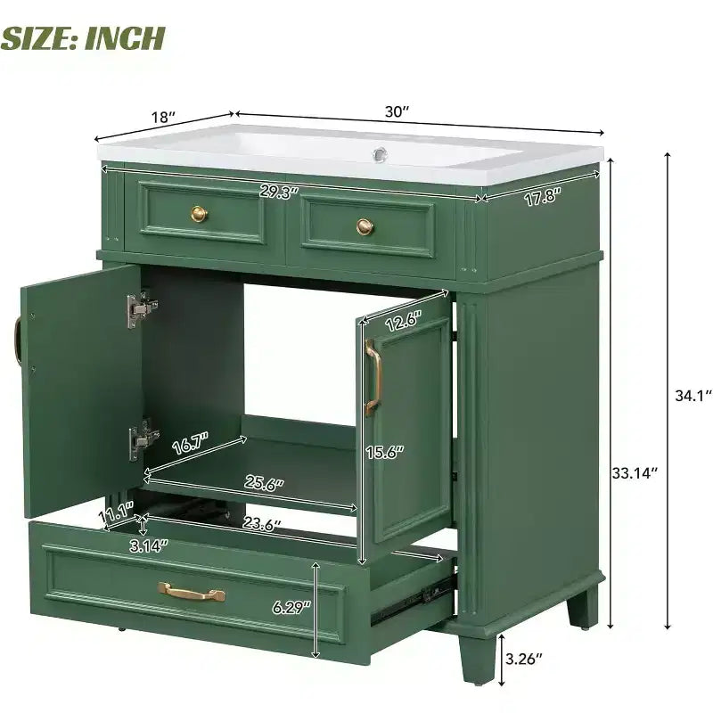 Meuble-lavabo de salle de bain blanc de 30 pouces avec lavabo, armoire de lavabo de 30 pouces avec rangement et tiroir inférieur, cadre en bois massif, comptoir encastré