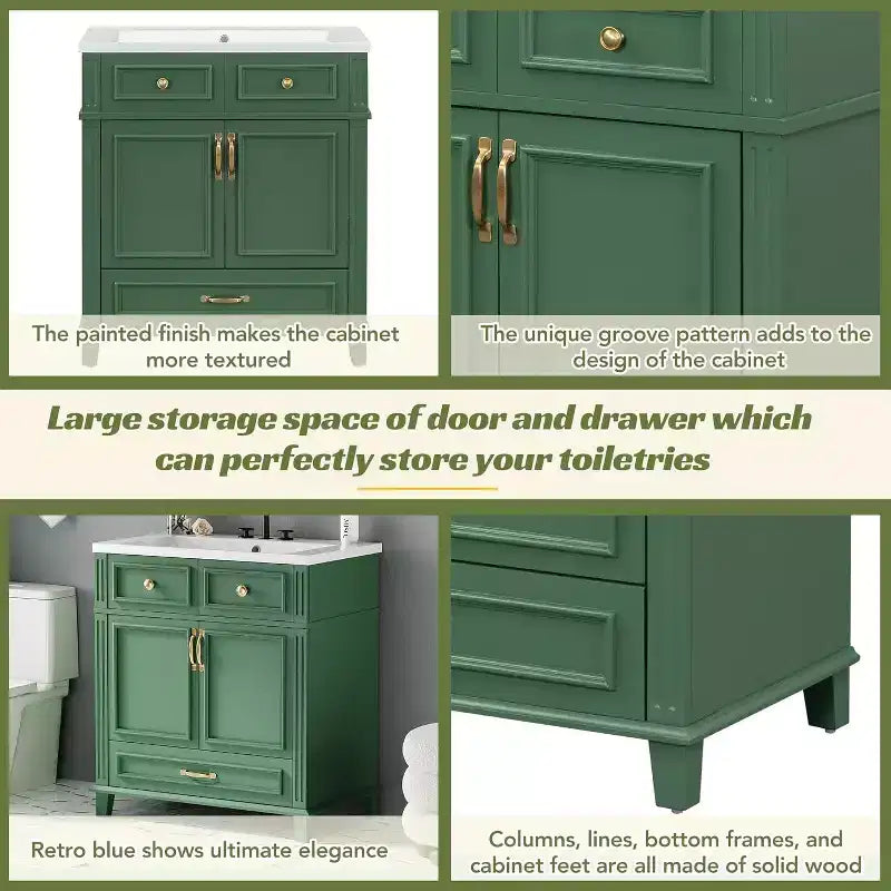 Meuble-lavabo de salle de bain blanc de 30 pouces avec lavabo, armoire de lavabo de 30 pouces avec rangement et tiroir inférieur, cadre en bois massif, comptoir encastré