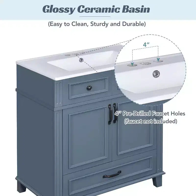 Meuble-lavabo de salle de bain blanc de 30 pouces avec lavabo, armoire de lavabo de 30 pouces avec rangement et tiroir inférieur, cadre en bois massif, comptoir encastré