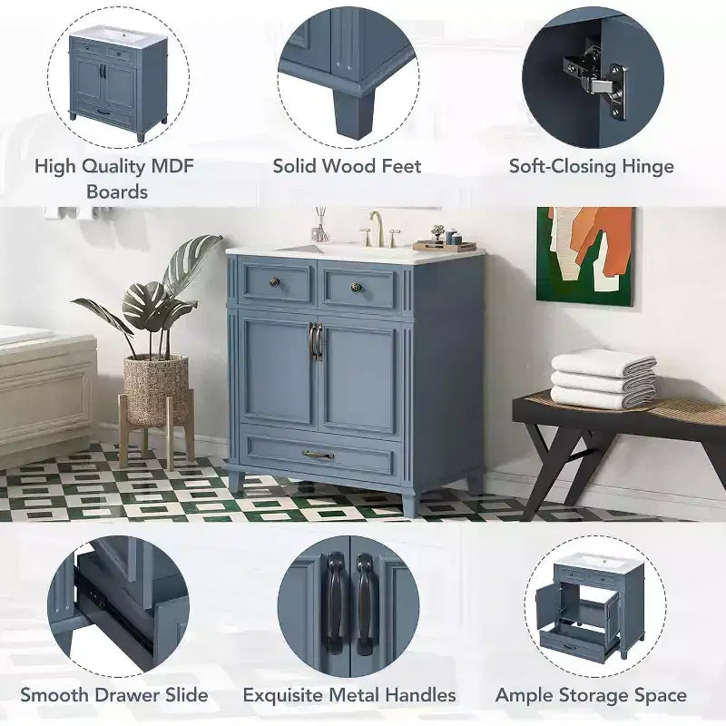 Meuble-lavabo de salle de bain blanc de 30 pouces avec lavabo, armoire de lavabo de 30 pouces avec rangement et tiroir inférieur, cadre en bois massif, comptoir encastré