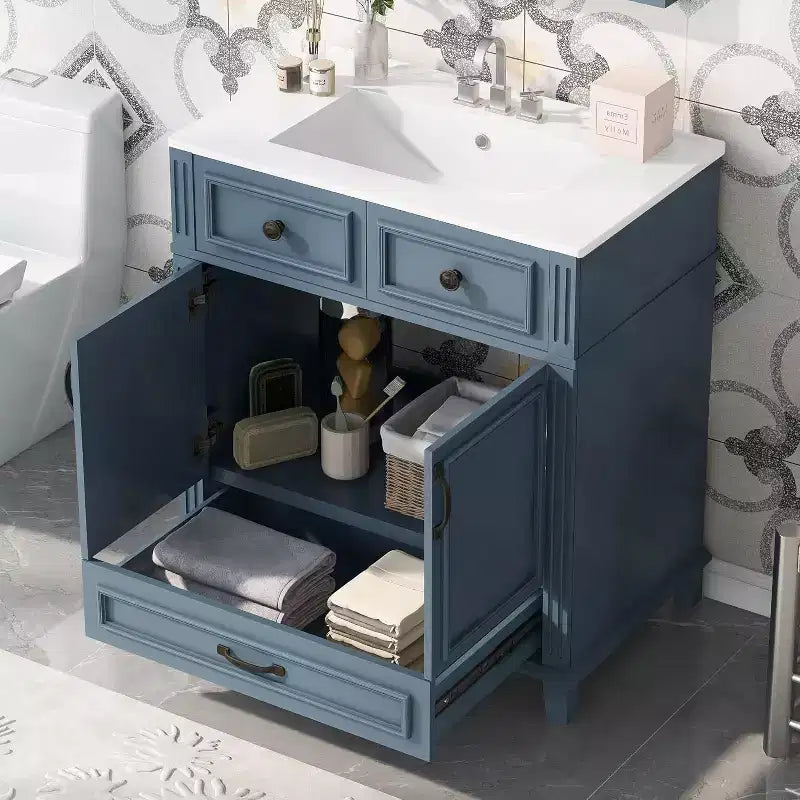 Meuble-lavabo de salle de bain blanc de 30 pouces avec lavabo, armoire de lavabo de 30 pouces avec rangement et tiroir inférieur, cadre en bois massif, comptoir encastré