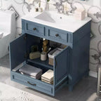 Meuble-lavabo de salle de bain blanc de 30 pouces avec lavabo, armoire de lavabo de 30 pouces avec rangement et tiroir inférieur, cadre en bois massif, comptoir encastré
