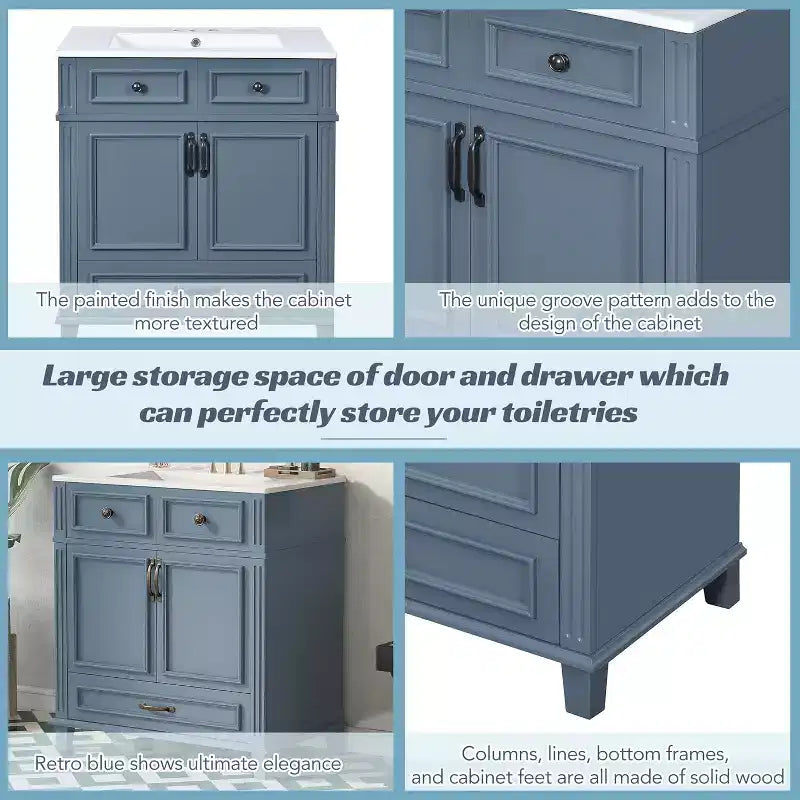 Meuble-lavabo de salle de bain blanc de 30 pouces avec lavabo, armoire de lavabo de 30 pouces avec rangement et tiroir inférieur, cadre en bois massif, comptoir encastré