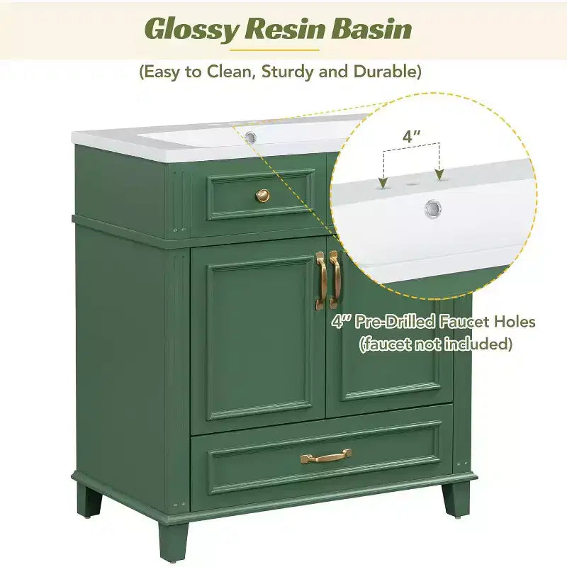 Meuble-lavabo de salle de bain blanc de 30 pouces avec lavabo, armoire de lavabo de 30 pouces avec rangement et tiroir inférieur, cadre en bois massif, comptoir encastré
