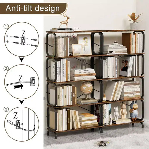 Étagère à 5 niveaux, bibliothèque haute au design ouvert en bois et métal, organiseur de rangement vintage pour livres, CD, films, étagère polyvalente pour salon