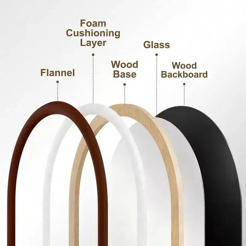 Miroir arqué pleine longueur avec cadre en peluche marron foncé. Autonome, idéal pour être posé ou accroché comme décoration douce