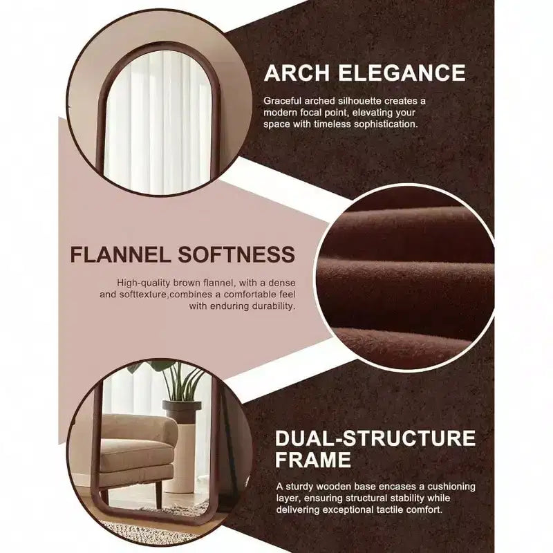 Miroir arqué pleine longueur avec cadre en peluche marron foncé. Autonome, idéal pour être posé ou accroché comme décoration douce
